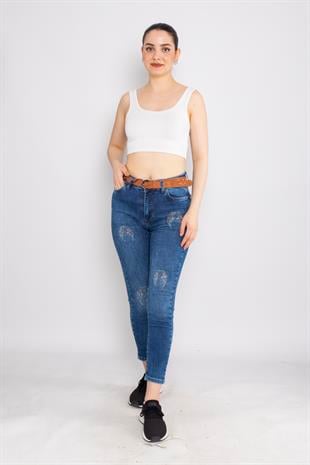385 Linda Kanat Nakış Serpme Taşlı Kadın Kot Pantolon