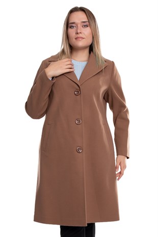 3857 Büyük Beden P.M. Düğmeli Erkek Yaka Midiboy Kadın Kaşe Kaban