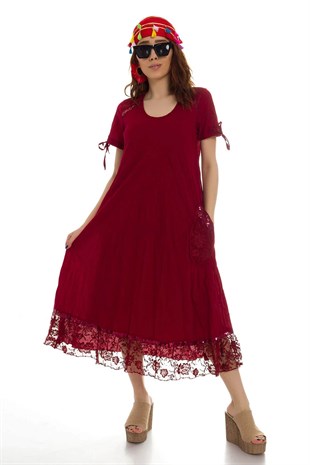 3859 BB Etek Ucu Dantel Pulpayetli Pamuklu Otantik Elbise