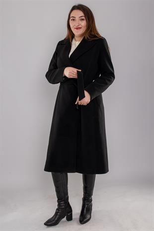 3907 Büyük Beden P.M Önü Kruvaze Kuşaklı Kaşe Kaban