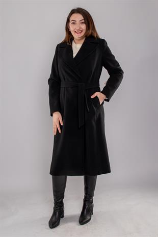 3907 Büyük Beden P.M Önü Kruvaze Kuşaklı Kaşe Kaban