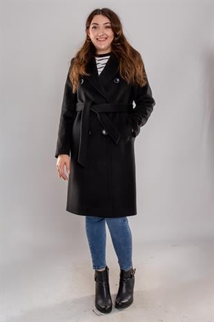 3934 Büyük Beden Kasha Kuşaklı Kruvaze Yaka 6 Düğme Kaşe Pardesü