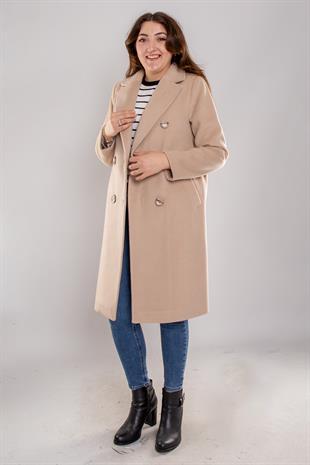 3934 Büyük Beden Kasha Kuşaklı Kruvaze Yaka 6 Düğme Kaşe Pardesü