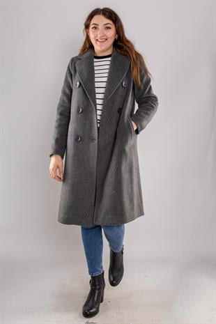 3934 Büyük Beden Kasha Kuşaklı Kruvaze Yaka 6 Düğme Kaşe Pardesü