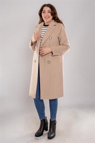 3934 Büyük Beden Kasha Kuşaklı Kruvaze Yaka 6 Düğme Kaşe Pardesü