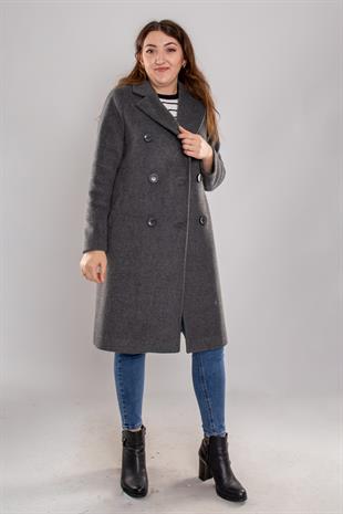 3934 Büyük Beden Kasha Kuşaklı Kruvaze Yaka 6 Düğme Kaşe Pardesü