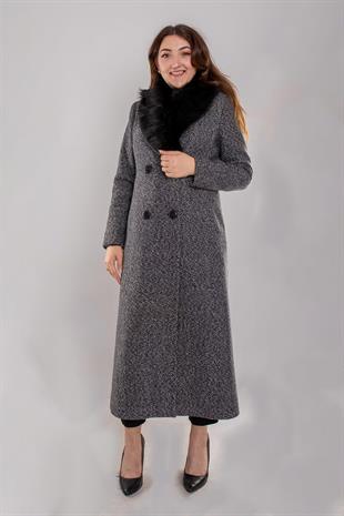 3937 Büyük Beden Oscar Kırçıllı Kruvaze Yaka Kürklü Uzun Kaşe Pardesü