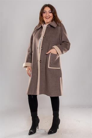 3947 Büyük Beden Kasha Eteği Yırtmaçlı İki Renkli Düğme Detay Kaşe Kaban