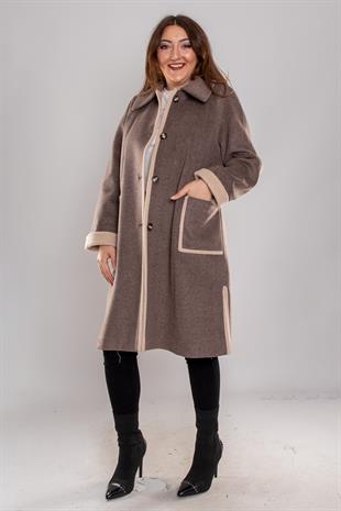 3947 Büyük Beden Kasha Eteği Yırtmaçlı İki Renkli Düğme Detay Kaşe Kaban