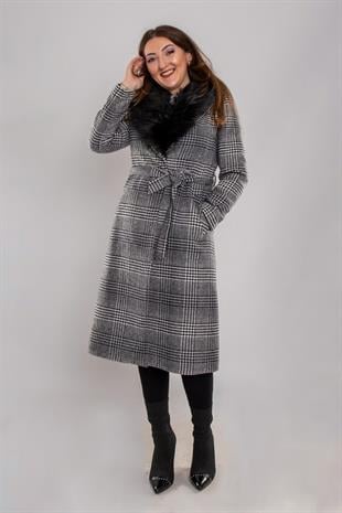 3978 Büyük Beden Arlo Kazayağı Kruvaze Yaka Kürklü Kaşe Kaban