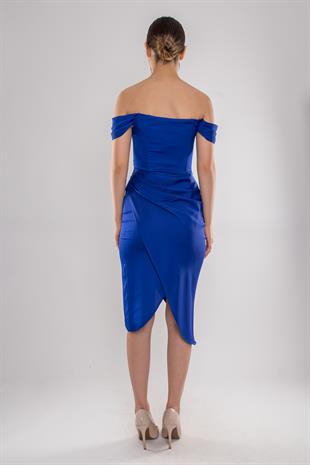 4014 Midiboy Kare Yaka Mendil Kol Saten Abiye Elbise