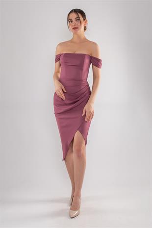 4014 Midiboy Kare Yaka Mendil Kol Saten Abiye Elbise