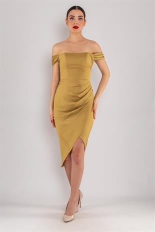 4014 Midiboy Kare Yaka Mendil Kol Saten Abiye Elbise