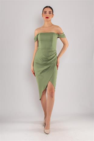 4014 Midiboy Kare Yaka Mendil Kol Saten Abiye Elbise