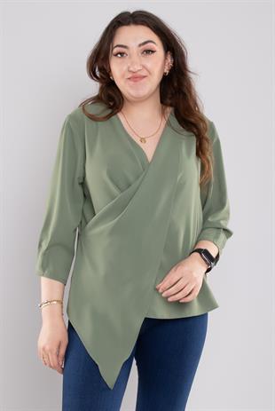 4023 Büyük Beden Kruvaze Yaka Eteği Asimetrik Şifon Bluz
