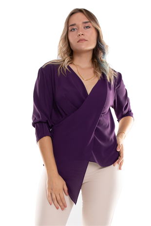 4023 Büyük Beden Kruvaze Yaka Eteği Asimetrik Şifon Bluz