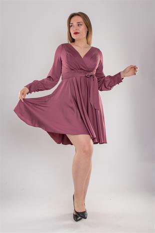 4032 Büyük Beden Derin V Yaka Uzun Kol Saten Kısa Elbise