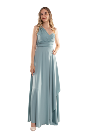 4041 Beli Drape Tek Omuz Eteği Kapaklı İipek Saten Uzun Abiye