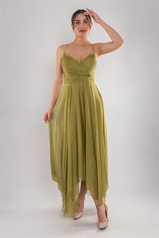 4059 Sırt İp Askı Kristal Şifon Midiboy Elbise