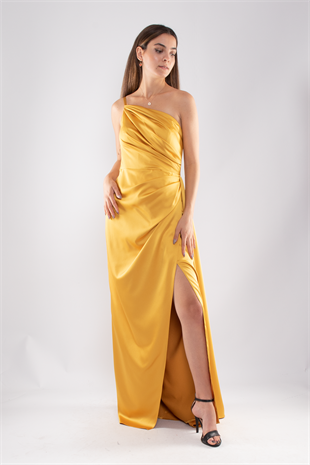 408 Tek Omuz Beli Drape Yırtmaç ve Kuyruklu Saten Uzun Elbise