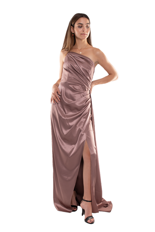 408 Tek Omuz Beli Drape Yırtmaç ve Kuyruklu Saten Uzun Elbise