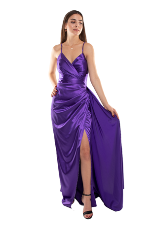 409 İp Askılı Kruvaze Yaka Şal Detay Uzun Saten Elbise