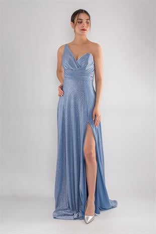4097 Tek Omuz Beli Drape Kendinden Simli Uzun Elbise