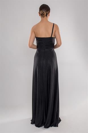 4097 Tek Omuz Beli Drape Kendinden Simli Uzun Elbise
