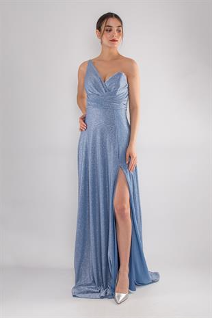 4097 Tek Omuz Beli Drape Kendinden Simli Uzun Elbise