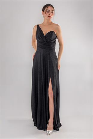 4097 Tek Omuz Beli Drape Kendinden Simli Uzun Elbise