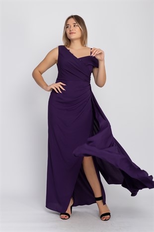 410 KB Tek Omuz Drapeli Kuyruklu Uzun Abiye Elbise