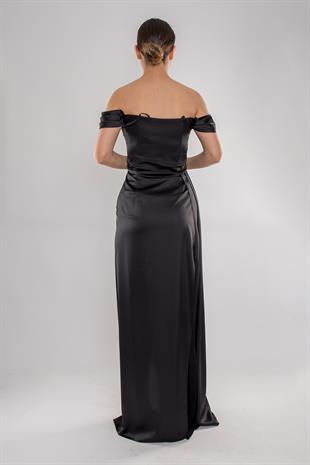 4111 Kare Yaka Mendil Kol Yırtmaçlı Saten Uzun Elbise