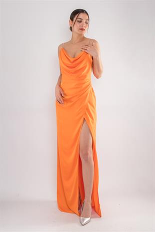 4116 Taş Askı Şal Yaka Saten Uzun Elbise