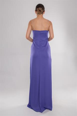 4116 Taş Askı Şal Yaka Saten Uzun Elbise