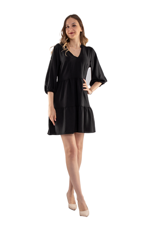 4154 VYaka Kol Ucu Lastikli Katlı Kısa Elbise