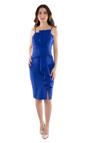 4166 İp Askı Yaka Detay Eteği Valonlu Kısa Krep Elbise