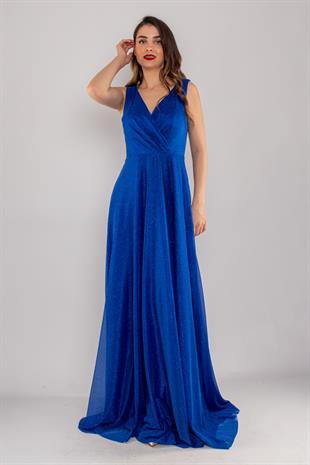 4182 Kruvaze Yaka Tül Kalın Askılı Simli Uzun Elbise