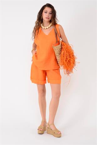 41893 Düz Desen Keten Şortlu Takım