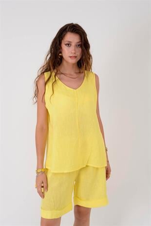 41893 Düz Desen Keten Şortlu Takım