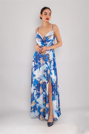 4244 İpAskı Kruvaze Desenli Yırtmaçlı Astarlı Uzun Şifon Elbise