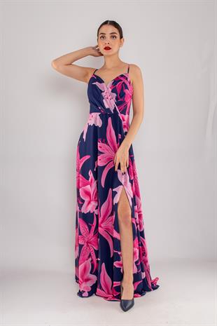 4244 İpAskı Kruvaze Desenli Yırtmaçlı Astarlı Uzun Şifon Elbise