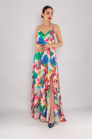 4244 İpAskı Kruvaze Desenli Yırtmaçlı Astarlı Uzun Şifon Elbise