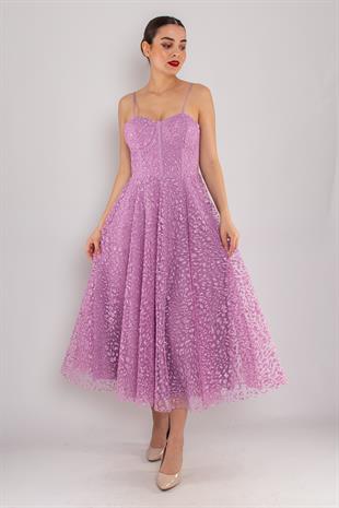 4261 İp Askı Göğüs Balenli Kloş Midiboy Elbise