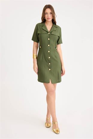 443 Gold Düğmeli Bel Apolet Detay Viscon Elbise