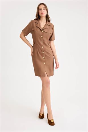 443 Gold Düğmeli Bel Apolet Detay Viscon Elbise