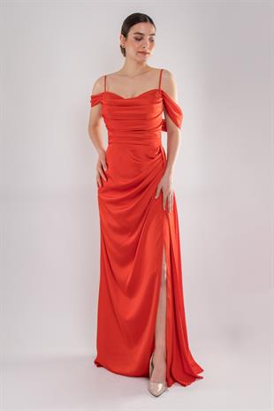 449 İp Askılı Şalyaka Kuyruklu Uzun Saten Elbise