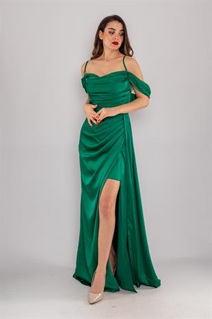 449 İp Askılı Şalyaka Kuyruklu Uzun Saten Elbise