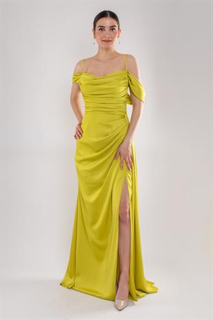 449 İp Askılı Şalyaka Kuyruklu Uzun Saten Elbise