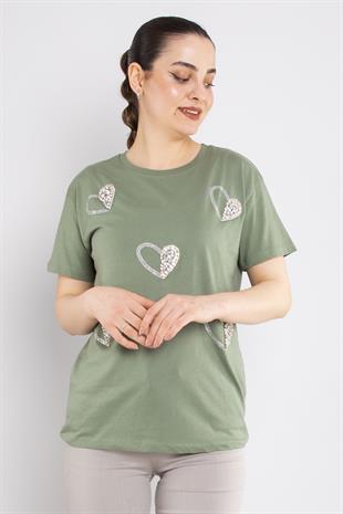 4504 (7691) Bisiklet Yaka Kalp Baskı Taşlı Pamuk Tshirt