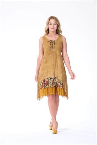 4533 Yakası İpli Eteği Parçalı Kolsuz Pamuk Otantik Elbise